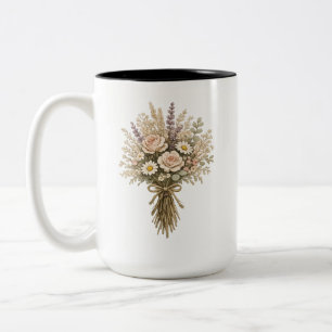 Caneca De Café Em Dois Tons Buquê de Flores Silvestres Vintage
