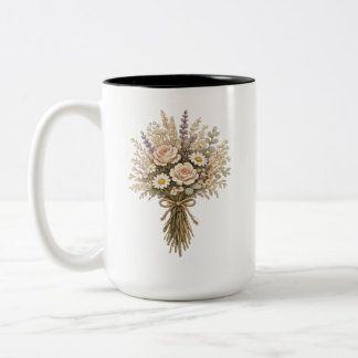 Caneca De Café Em Dois Tons Buquê de Flores Silvestres Vintage