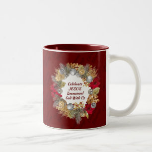 Caneca De Café Em Dois Tons Burgundy CELEBRATE JESUS Christmas Wreath