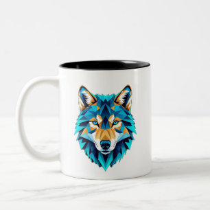 Caneca De Café Em Dois Tons Cabeça de Lobo Geométrico – Animal Baixo Poli Azul