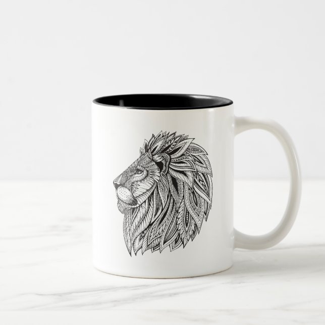 Caneca De Café Em Dois Tons Cabeça modelada étnica do leão (Direita)