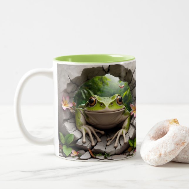 Caneca De Café Em Dois Tons Cacau quente Sapo verde 3D (Com Donut)