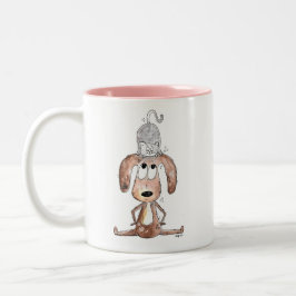 Caneca De Café Em Dois Tons Cachorro Branco Bonito com Gato na Cabeça