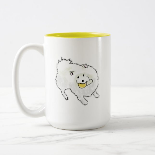 Caneca De Café Em Dois Tons Cachorro Branco Fofinho Desenhado à Mão Segurando  (Esquerda)