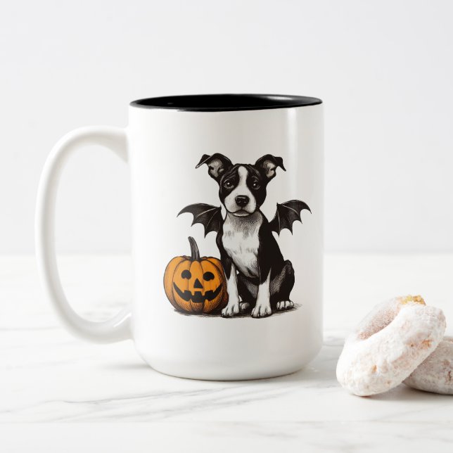 Caneca De Café Em Dois Tons Cachorro de Halloween (Com Donut)