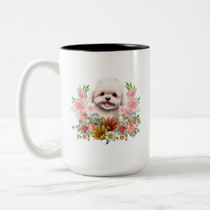 Caneca De Café Em Dois Tons Cachorro Maltês com Flores, Cachorro Maltês