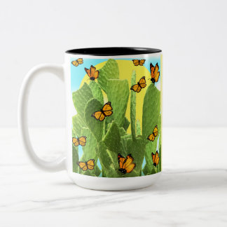 Caneca De Café Em Dois Tons Cacto e Borboletas Caprichosos