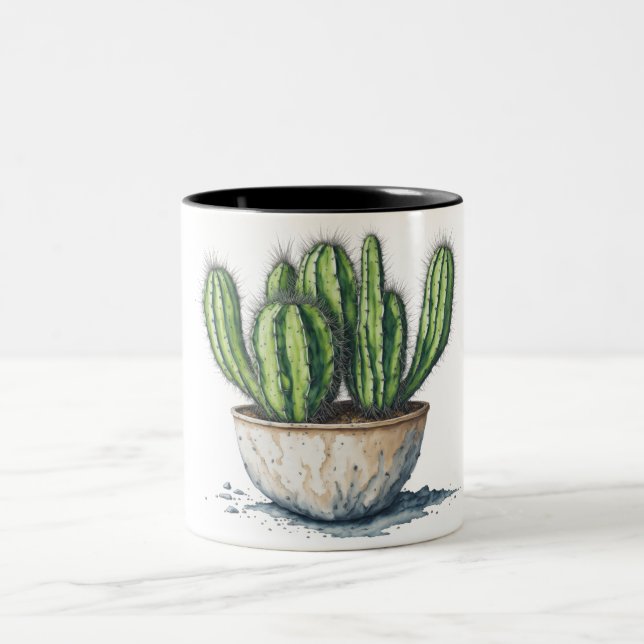 Caneca De Café Em Dois Tons Cactus no estilo de aquarela do pote (Centro)