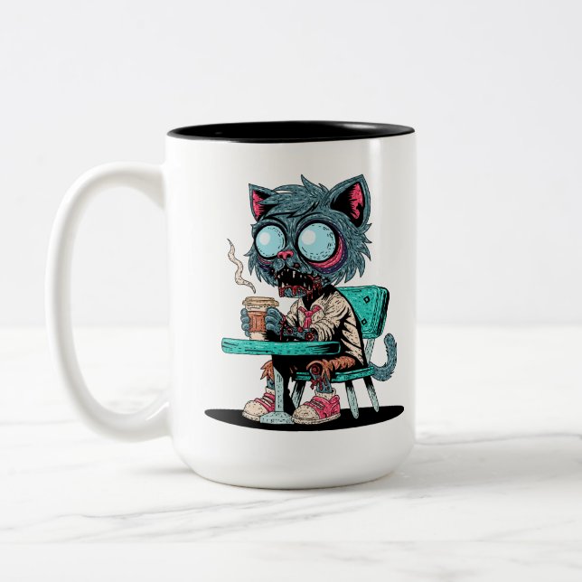 Caneca De Café Em Dois Tons Café Adorando Gato Zombie (Esquerda)