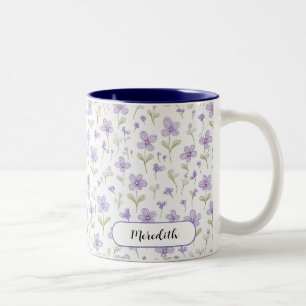 Caneca De Café Em Dois Tons Café com Violetas Roxo de Porcelana