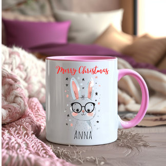 Caneca De Café Em Dois Tons Café do Coelhinho de Natal Fofo com Chapéu de Papa