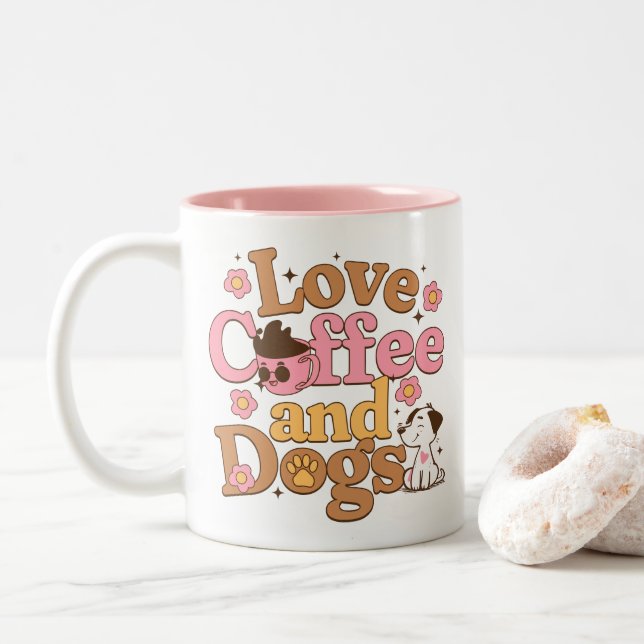 Caneca De Café Em Dois Tons Café e Cães Retro Amor (Com Donut)