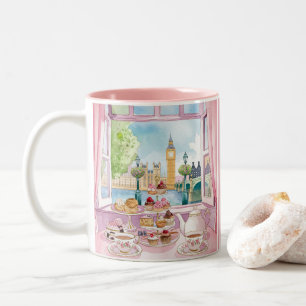 Caneca De Café Em Dois Tons Café Romântico Londres Tea & Cake Pink Watercolor