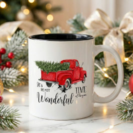 Caneca De Café Em Dois Tons Caminhão Vermelho Árvore de Natal em Aquarela e El
