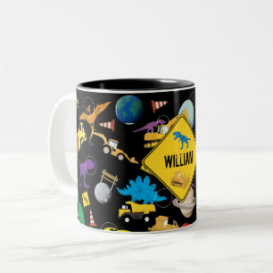 Caneca De Café Em Dois Tons Caminhões de Construção Dinossauros no Espaço