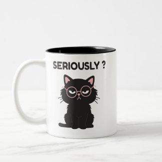 Caneca De Café Em Dois Tons Camiseta Preta de Gato Séria com Óculos Engraçada 