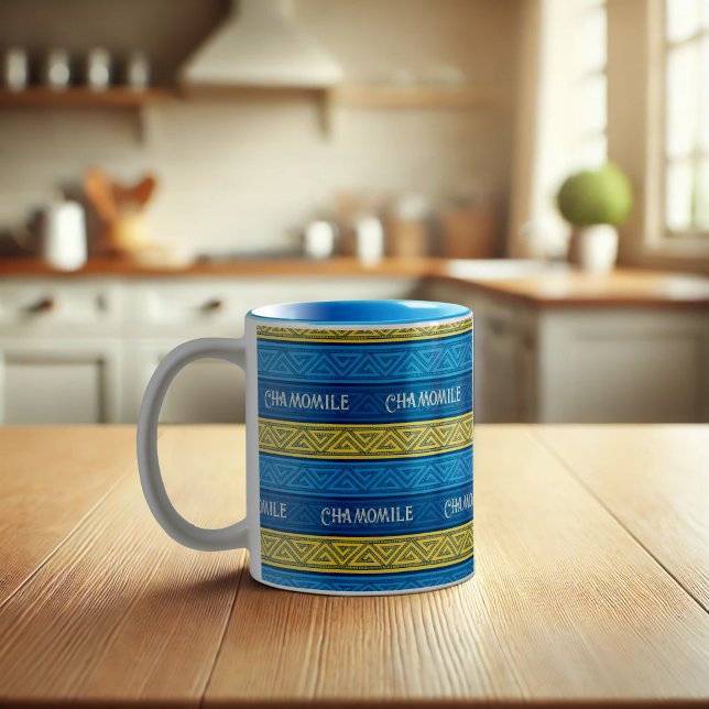 Caneca De Café Em Dois Tons Camomile Tea Vibrant Yellow & Blue Celtic Stripes (Criador carregado)