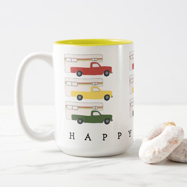 Caneca De Café Em Dois Tons CAMPER FELIZ RV, CAMPER, CAMPER, CAMPO Rasta (Com Donut)