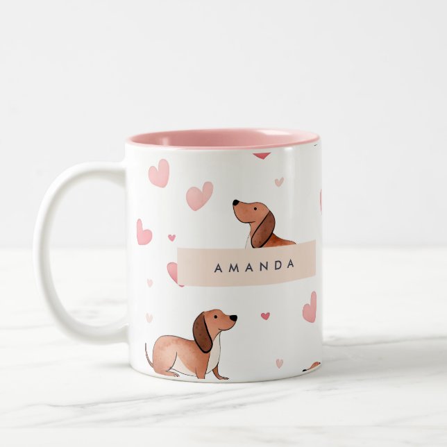 Caneca De Café Em Dois Tons Cão de Dachshund Cute Personalizado Monograma (Esquerda)