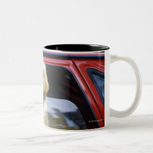Caneca De Café Em Dois Tons Cão na janela de carro vermelha