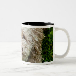 Caneca De Café Em Dois Tons Cão pequeno que olha acima na câmera