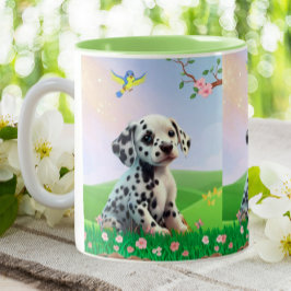 Caneca De Café Em Dois Tons Cãozinho Dalmático sentado num berçário de jardim