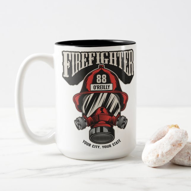 Caneca De Café Em Dois Tons Capacete de Bombeiros Personalizado (Com Donut)