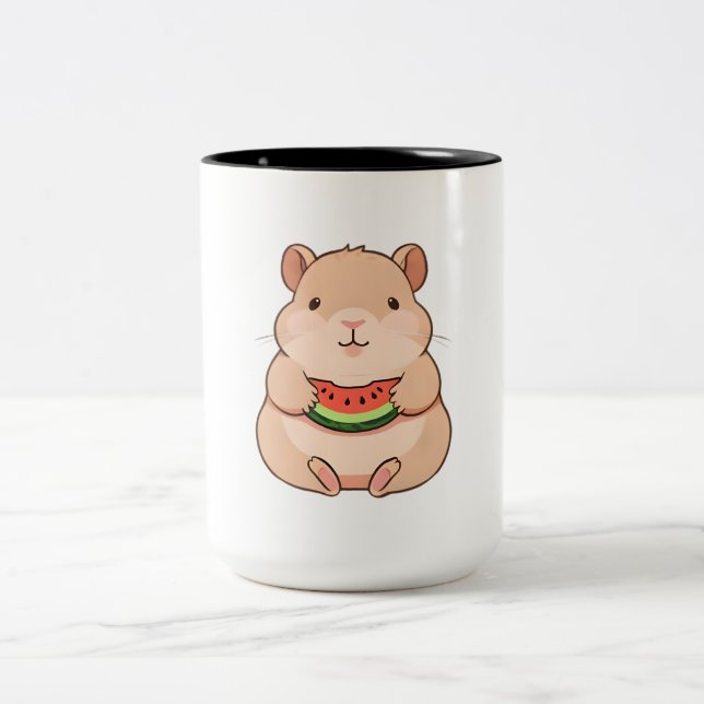 Caneca De Café Em Dois Tons Capivara Chibi Kawaii Comendo Fatia de Melancia (Centro)