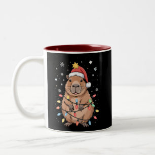 Caneca De Café Em Dois Tons Capivara de Natal com Chapéu de Papai Noel Luzes d
