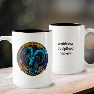 Caneca De Café Em Dois Tons Capricórnio Azul e Dourada Aquarela Zodiac