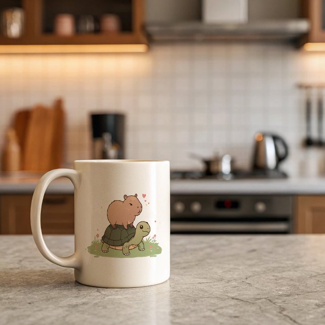 Caneca De Café Em Dois Tons Capybara & Turtle Mug | Amizade animal (Criador carregado)