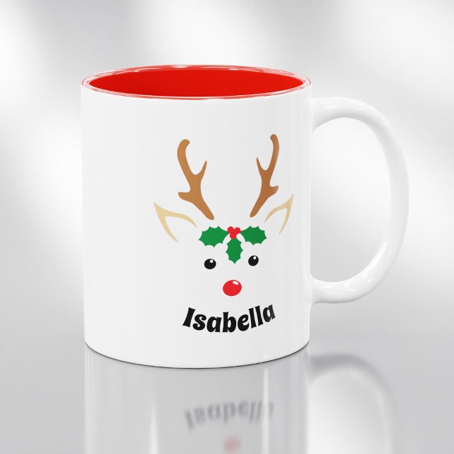 Caneca De Café Em Dois Tons Cara de Renas Fofa | Natal Personalizado (Criador carregado)