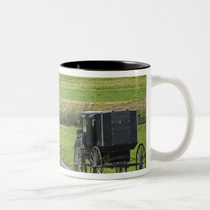 Caneca De Café Em Dois Tons Carrinho Amish em estrada rural, Nordeste de Ohio,