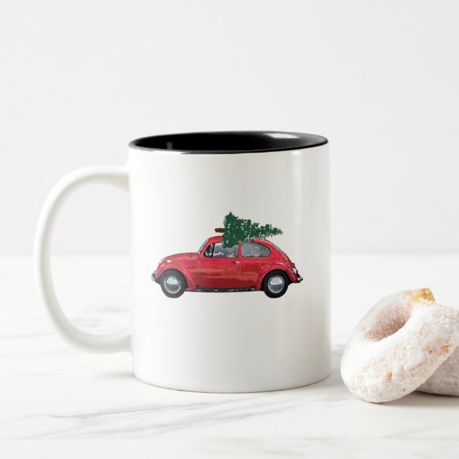 Caneca De Café Em Dois Tons Carro Retro com Arte em Árvore (Com Donut)