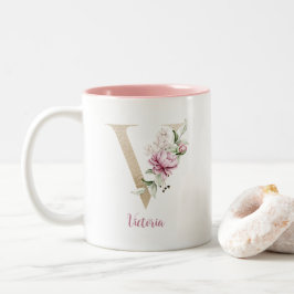 Caneca De Café Em Dois Tons Carta Dourada V, Monograma v, Presente Floral Rosa