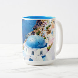 Caneca De Café Em Dois Tons Cartaz de Aquarela do Domo Azul de Santorini
