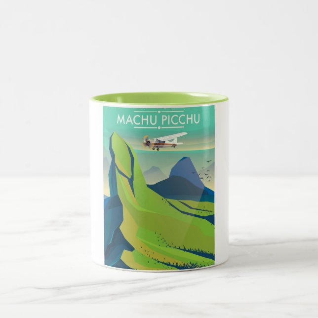 Caneca De Café Em Dois Tons cartaz de viagem de avião para machu picchu (Centro)