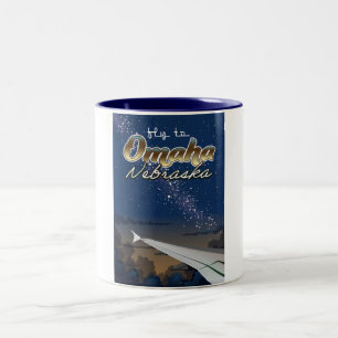 Caneca De Café Em Dois Tons Cartaz de viagem de voo vintage Omaha, Nebraska