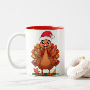 Caneca De Café Em Dois Tons Cartoon animado Turquia Vestindo Papai Noel