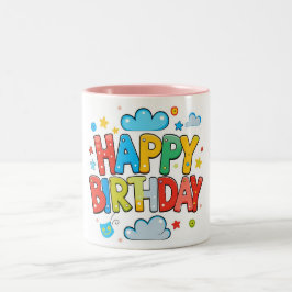 Caneca De Café Em Dois Tons "Cartoon Colorida Feliz Aniversário com Nuvens e S