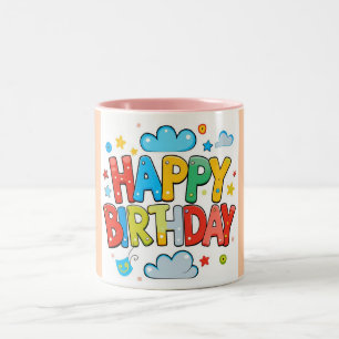 Caneca De Café Em Dois Tons "Cartoon Colorida Feliz Aniversário com Nuvens e S