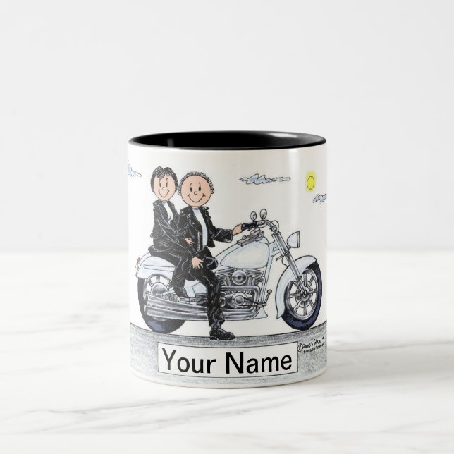 Caneca De Café Em Dois Tons Cartoon de Casal de motocicleta por PrintedPerfect (Centro)
