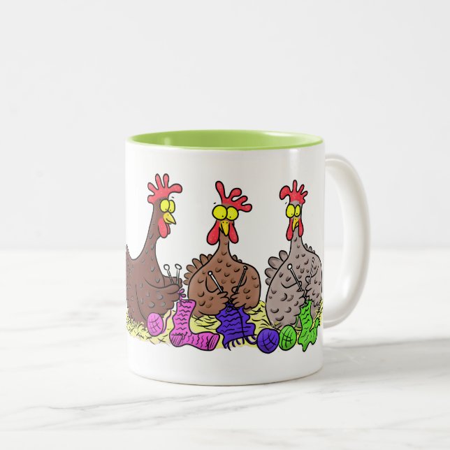 Caneca De Café Em Dois Tons Cartoon de tricô de frango engraçado (Frente Esquerda)