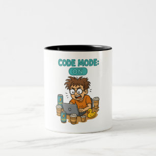 Caneca De Café Em Dois Tons Cartoon engraçado do programador com "Code Mode: O
