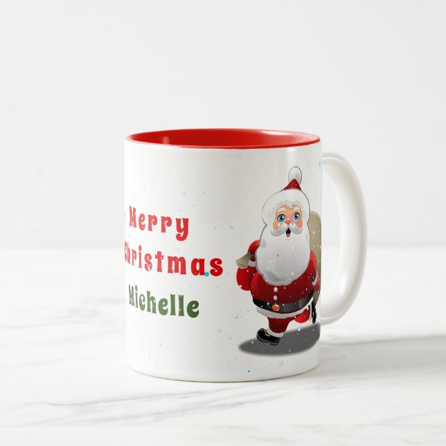 Caneca De Café Em Dois Tons Cartoon Feliz de Papai Noel (Frente Esquerda)