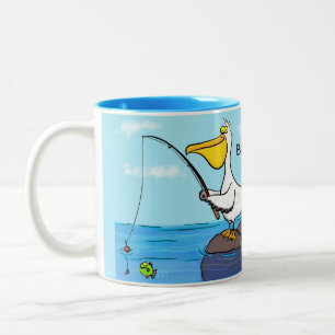 Caneca De Café Em Dois Tons Cartoon pelicano de pesca engraçado