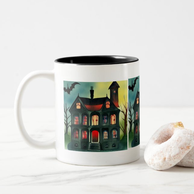 Caneca De Café Em Dois Tons Casa Assombrada de Halloween (Com Donut)