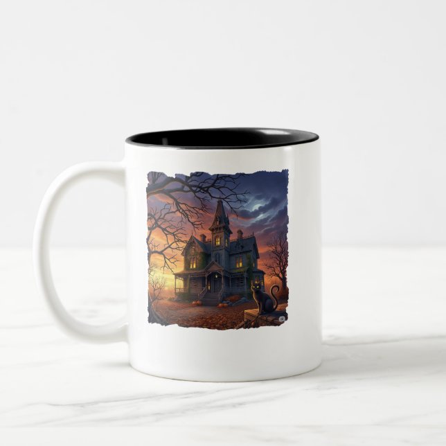 Caneca De Café Em Dois Tons Casa Assombrada de Halloween com Cat! (Esquerda)