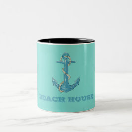 Caneca De Café Em Dois Tons Casa de Praia Náutica, Âncora, Corda, Verde Menta