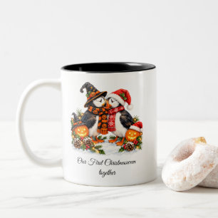 Caneca De Café Em Dois Tons Casais Românticos de Puffins no Christmasween